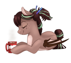 Size: 1024x904 | Tagged: safe, artist:csox, oc, oc only, oc:cocoa dot, bat pony, chocolate, eyes closed, food, hot chocolate, mug, solo