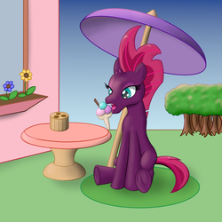 Size: 2560x2560 | Tagged: safe, alternate version, artist:cybersquirrel, fizzlepop berrytwist, tempest shadow, pony, unicorn, g4, my little pony: the movie, broken horn, eye scar, flower, food, forest, frog (hoof), high res, horn, ice cream, licking, outdoors, scar, shading, sitting, table, tongue out, tree, umbrella, underhoof, window