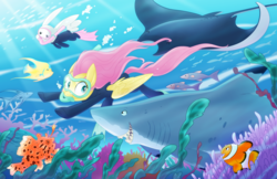 Size: 5100x3300 | Tagged: safe, artist:equestria-prevails, angel bunny, fluttershy, fish, manta ray, pony, shark, g4, clownfish, dive mask, snorkel, underwater, watershy, wetsuit