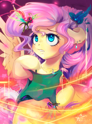 Size: 4000x5389 | Tagged: safe, artist:wilvarin-liadon, fluttershy, breezie, changeling, hybrid, pony, g4, belly button, bipedal, clothes, ear piercing, earring, female, jewelry, piercing, shirt, solo, tattoo