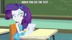 Size: 800x450 | Tagged: safe, rarity, equestria girls, g4, my little pony equestria girls: better together, the finals countdown, animated, anxious, clothes, dress, female, geode of shielding, gif, image macro, impact font, legs, magical geodes, meme, rarity peplum dress, reversed, scared, skirt, sleeveless, sleeveless dress