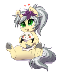 Size: 837x975 | Tagged: safe, artist:confetticakez, oc, oc only, oc:mercury shine, mimikyu, pony, unicorn, crossover, cute, female, frog (hoof), mare, pokémon, ponytail, simple background, sitting, solo, underhoof, white background