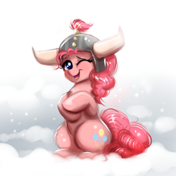 Size: 1000x1000 | Tagged: safe, artist:confetticakez, pinkie pie, earth pony, pony, not asking for trouble, cute, diapinkes, female, helmet, honorary yak horns, horned helmet, looking at you, mare, one eye closed, sitting, smiling, snow, solo, viking helmet, wink