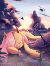 Size: 1519x2000 | Tagged: dead source, safe, artist:gianghanz, fluttershy, pony, g4, cloud, cute, eyes closed, female, lying down, prone, scenery, shyabetes, sky, sleeping, solo, sprout, umbrella, water