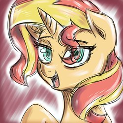 Size: 3000x3000 | Tagged: safe, artist:katakiuchi4u, sunset shimmer, pony, unicorn, g4, bust, colored sketch, female, high res, mare, portrait, sketch, smiling, solo