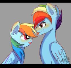 Size: 1034x997 | Tagged: safe, artist:riukime, rainbow dash, g4, :p, blushing, ear fluff, gray background, rainbow blitz, rule 63, self ponidox, silly, simple background, smiling, tongue out