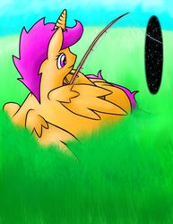 Size: 1700x2200 | Tagged: safe, artist:chickengoddess, scootaloo, alicorn, pony, g4, alicornified, bad shading, fishing, fishing rod, horn, portal, race swap, scootacorn, smiling, sunset, wings