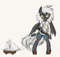 Size: 1280x1220 | Tagged: safe, artist:lunebat, oc, oc only, oc:star light(bat), bat pony, pony, semi-anthro, bat pony oc, clothes, female, mare, shorts, slit pupils, solo, toy boat