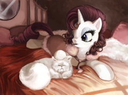 Size: 2433x1807 | Tagged: safe, artist:eiolf, opalescence, rarity, cat, pony, g4, bed, clothes, collar, cute, petting, pillow, realistic, robe, shadow