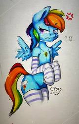 Size: 1309x2048 | Tagged: safe, artist:cutiepoppony, rainbow dash, semi-anthro, g4, angry, clothes, cross-popping veins, female, socks, solo, striped socks, traditional art