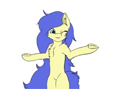 Size: 1334x971 | Tagged: safe, artist:chickengoddess, oc, oc only, oc:bluestar, pony, semi-anthro, chest fluff, one eye closed, shrug, solo, wink