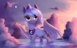 Size: 2560x1600 | Tagged: dead source, safe, artist:gianghanz, princess luna, alicorn, pony, g4, cloud, crown, cute, female, jewelry, lunabetes, regalia, s1 luna, smiling, solo, spread wings, water, wings