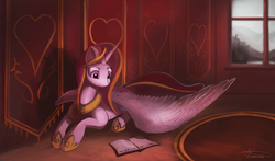 Size: 4000x2350 | Tagged: safe, alternate version, artist:auroriia, princess cadance, queen chrysalis, alicorn, pony, g4, book, female, looking down, mare, prone, rug, solo, spread wings, window, wings