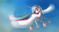 Size: 4320x2350 | Tagged: safe, alternate version, artist:auroriia, princess celestia, alicorn, pony, g4, female, flying, mare, smiling, solo, spread wings, wings