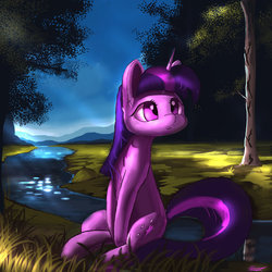 Size: 894x894 | Tagged: safe, alternate version, artist:auroriia, twilight sparkle, pony, unicorn, g4, crepuscular rays, female, mare, river, scenery, sitting, solo, tree