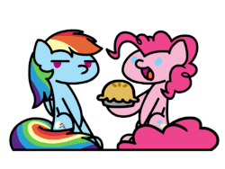 Size: 648x486 | Tagged: safe, artist:flutterluv, pinkie pie, rainbow dash, earth pony, pegasus, pony, g4, secrets and pies, animated, duo, eat my pie, female, food, mare, pie, rainbow dash is not amused, simple background, sitting, smiling, unamused, white background