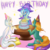 Size: 1024x1024 | Tagged: safe, artist:bunnywhiskerz, trixie, oc, oc:jd, oc:magnolia mane, earth pony, pegasus, pony, unicorn, g4, birthday, birthday cake, cake, cushion, food, happy, happy birthday, hat, party hat
