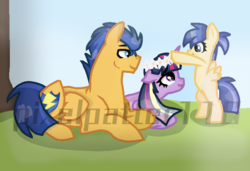 Size: 737x504 | Tagged: safe, artist:pixelpatter116, flash sentry, twilight sparkle, oc, g4, female, floral head wreath, flower, male, offspring, parent:flash sentry, parent:twilight sparkle, parents:flashlight, ship:flashlight, shipping, straight, watermark