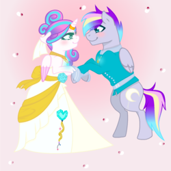 Size: 1301x1300 | Tagged: safe, artist:diamondmlpocean, princess flurry heart, oc, oc:nightlight, pegasus, pony, g4, canon x oc, clothes, dress, male, older, stallion, wedding dress