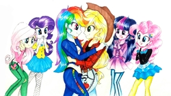 Size: 3771x2121 | Tagged: safe, artist:liaaqila, applejack, fluttershy, pinkie pie, rainbow dash, rarity, twilight sparkle, equestria girls, g4, clothes, female, high res, lesbian, looking at each other, ship:appledash, shipping, smiling, traditional art