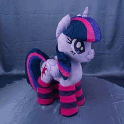 Size: 760x757 | Tagged: safe, artist:adamar44, twilight sparkle, alicorn, pony, g4, animated, clothes, irl, perfect loop, photo, plushie, rotating, socks, solo, stop motion, striped socks, twilight sparkle (alicorn)