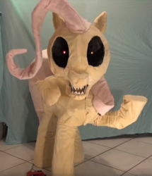 Size: 618x718 | Tagged: dead source, safe, fluttershy, pony, robot, robot pony, g4, animatronic, black sclera, five nights at freddy's, five nights at pinkie's, gritted teeth, irl, nightmare fuel, photo, youtube link