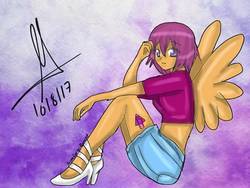 Size: 720x540 | Tagged: safe, artist:lacie-buncat, scootaloo, human, g4, alternate cutie mark, alternative cutie mark placement, clothes, cute, cutealoo, denim skirt, female, high heels, humanized, midriff, moe, pony coloring, shoes, short shirt, sitting, skirt, skirtaloo, solo, winged humanization, wings
