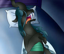 Size: 2000x1700 | Tagged: safe, artist:conicer, artist:metal-jacket444, edit, queen chrysalis, changeling, changeling queen, g4, bed, digital art, eyes closed, fangs, female, floppy ears, lying on bed, on back, open mouth, pillow, sharp teeth, sleeping, snoring, solo, teeth, tongue out, uvula