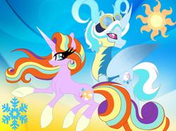 Size: 960x716 | Tagged: safe, artist:owocrystalcatowo, oc, oc only, oc:sky snow, oc:sunlight, changepony, pony, unicorn, abstract background, blaze (coat marking), clothes, coat markings, facial markings, female, gradient background, male, mare, next generation, offspring, parent:oc:crystal heart, parent:starlight glimmer, parent:sunburst, parent:thorax, parents:canon x oc, parents:starburst, socks (coat markings), uniform, wonderbolt trainee uniform