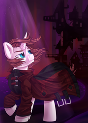 Size: 1250x1750 | Tagged: safe, artist:breloomsgarden, oc, oc only, oc:light landstrider, pony, unicorn, castle, dark background, long mane, looking back, majestic, red coat, serious, solo, spooky, windswept mane