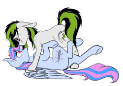 Size: 1700x1200 | Tagged: safe, artist:autumnheart462, oc, oc only, oc:bright green, earth pony, pegasus, pony, female, male, mare, on back, simple background, stallion, transparent background