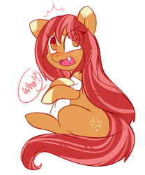 Size: 482x580 | Tagged: safe, artist:esmeia, oc, oc only, oc:cinnamon crisp, earth pony, pony, alternate hairstyle, blushing, body freckles, colored hooves, dialogue, earth pony oc, eye clipping through hair, fangs, female, freckles, looking at you, mare, offscreen character, open mouth, solo, straight hair, surprised, talking
