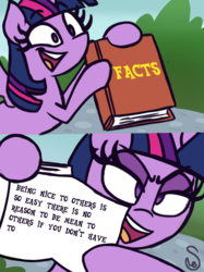 Size: 760x1015 | Tagged: safe, artist:quarium, twilight sparkle, alicorn, pony, g4, 2 panel comic, bipedal, book, comic, drawthread, ed edd n eddy, exploitable meme, facts, female, glare, hoof hold, lidded eyes, mare, meme, meme origin, mouthpiece, open mouth, pointing, smiling, smirk, solo, spread wings, truth, twilight sparkle (alicorn), twilight's fact book, wide eyes, wings