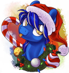 Size: 1024x1076 | Tagged: safe, artist:breloomsgarden, oc, oc only, oc:diamond, :p, bust, christmas, christmas lights, christmas wreath, hat, holiday, male, portrait, santa hat, silly, simple background, solo, tongue out, transparent background, wreath