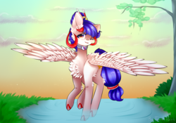 Size: 1000x698 | Tagged: safe, artist:twinkepaint, oc, oc only, oc:isakiss staream, pegasus, pony, female, mare, one eye closed, pond, solo, tongue out, tree, wink