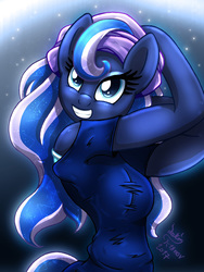 Size: 900x1200 | Tagged: safe, artist:joakaha, princess luna, anthro, g4, breasts, clothes, female, grin, mare, smiling, wingless, wingless anthro