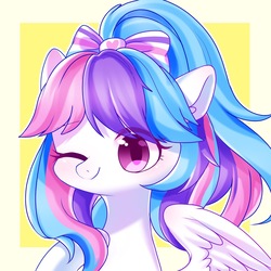 Size: 1500x1500 | Tagged: safe, artist:leafywind, oc, oc only, oc:coconut, pegasus, pony, abstract background, bust, female, mare, one eye closed, portrait, solo