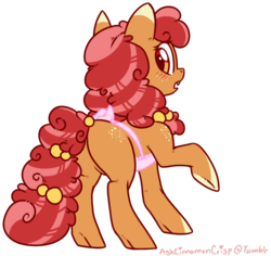Size: 747x704 | Tagged: safe, artist:esmeia, oc, oc only, oc:cinnamon crisp, earth pony, pony, apron, body freckles, braid, braided tail, butt, clothes, female, flank, freckles, looking at you, looking back, looking back at you, mare, plot, raised hoof, rear view, solo