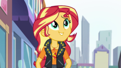 Size: 1280x720 | Tagged: safe, screencap, sunset shimmer, display of affection, equestria girls, equestria girls series, g4, canterlot city, clothes, cute, female, geode of empathy, magical geodes, smiling, solo