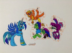 Size: 2592x1936 | Tagged: safe, artist:frollo7797, oc, oc only, oc:flora boldbash, oc:moonshine twinkle, oc:orangejack, oc:tammy spears, alicorn, earth pony, pony, unicorn, alicorn amulet, alicorn oc, artificial wings, augmented, boots, clothes, ear piercing, earring, eyes closed, female, fetish, glasses, glowing horn, hoof fetish, hoof tickling, horn, jewelry, magic, magic wings, mare, open mouth, piercing, shoes, socks, sweat, tattoo, tickle fetish, tickle torture, tickling, traditional art, wings