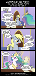 Size: 960x2000 | Tagged: safe, artist:terminuslucis, derpy hooves, princess celestia, alicorn, pegasus, pony, comic:adapting to night, comic:adapting to night: the hooves twins, g4, angry, canterlot castle, comic, derpy hooves is not amused, desk, glowing horn, horn, magic, magic aura, paper, pony racism, racism, sad, sanguivoriphobia, scroll, telekinesis, this will end in character development, unamused