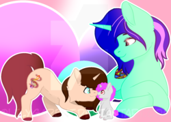 Size: 1509x1079 | Tagged: safe, artist:lilygarent, oc, oc only, oc:cotton cream, oc:dede, oc:stitched heart, pony, unicorn, baby, baby pony, female, filly, mare, prone, sisters