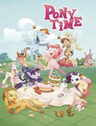 Size: 338x445 | Tagged: safe, artist:sung and ama, applejack, derpy hooves, doctor whooves, fluttershy, opalescence, pinkie pie, princess celestia, princess luna, rainbow dash, rarity, time turner, twilight sparkle, alicorn, pony, g4, cake, food, lowres, mane six, picnic, picnic table, pony time, table, time for ponies, twilight sparkle (alicorn)