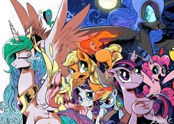 Size: 504x359 | Tagged: safe, artist:sung and ama, applejack, fluttershy, nightmare moon, pinkie pie, princess celestia, rainbow dash, rarity, twilight sparkle, alicorn, pony, g4, fire, i can't believe it's not idw, mane six, twilight sparkle (alicorn)