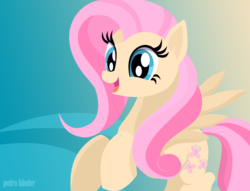 Size: 1200x917 | Tagged: dead source, safe, artist:pedrohander, fluttershy, pegasus, pony, g4, cute, female, flat colors, open mouth, shyabetes, simple background, smiling, solo, spread wings, wings