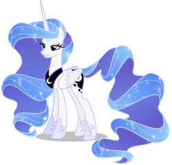Size: 6000x5747 | Tagged: safe, artist:orin331, princess celestia, alicorn, pony, a royal problem, g4, absurd resolution, alternate design, alternate hairstyle, alternate universe, ethereal hair, ethereal mane, ethereal tail, folded wings, hoof shoes, peytral, princess of the night, role reversal, simple background, smiling, swapped cutie marks, tail, transparent background, vector, wings