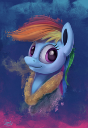 Size: 1106x1596 | Tagged: safe, artist:insanerobocat, rainbow dash, pegasus, pony, g4, abstract background, bust, female, looking at you, portrait, smiling, solo