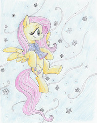 Size: 2353x2961 | Tagged: safe, artist:sonic-spatula, fluttershy, pegasus, pony, g4, clothes, colored pencil drawing, female, flying, high res, looking at something, scarf, smiling, snow, snowfall, snowflake, solo, spread wings, traditional art, wings, winter