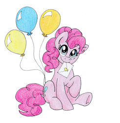 Size: 1024x1046 | Tagged: safe, artist:sonic-spatula, pinkie pie, earth pony, pony, g4, balloon, envelope, female, looking at you, mouth hold, raised hoof, simple background, sitting, smiling, solo, traditional art, white background