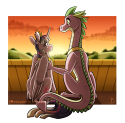 Size: 900x886 | Tagged: safe, artist:inuhoshi-to-darkpen, spike, twilight sparkle, alicorn, dragon, pony, g4, crown, duo, jewelry, looking at each other, older, older spike, regalia, smiling, sunset, twilight sparkle (alicorn)